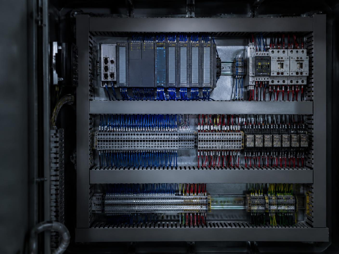 Open industrial control panel with PLC modules, terminal blocks, and organized control wiring